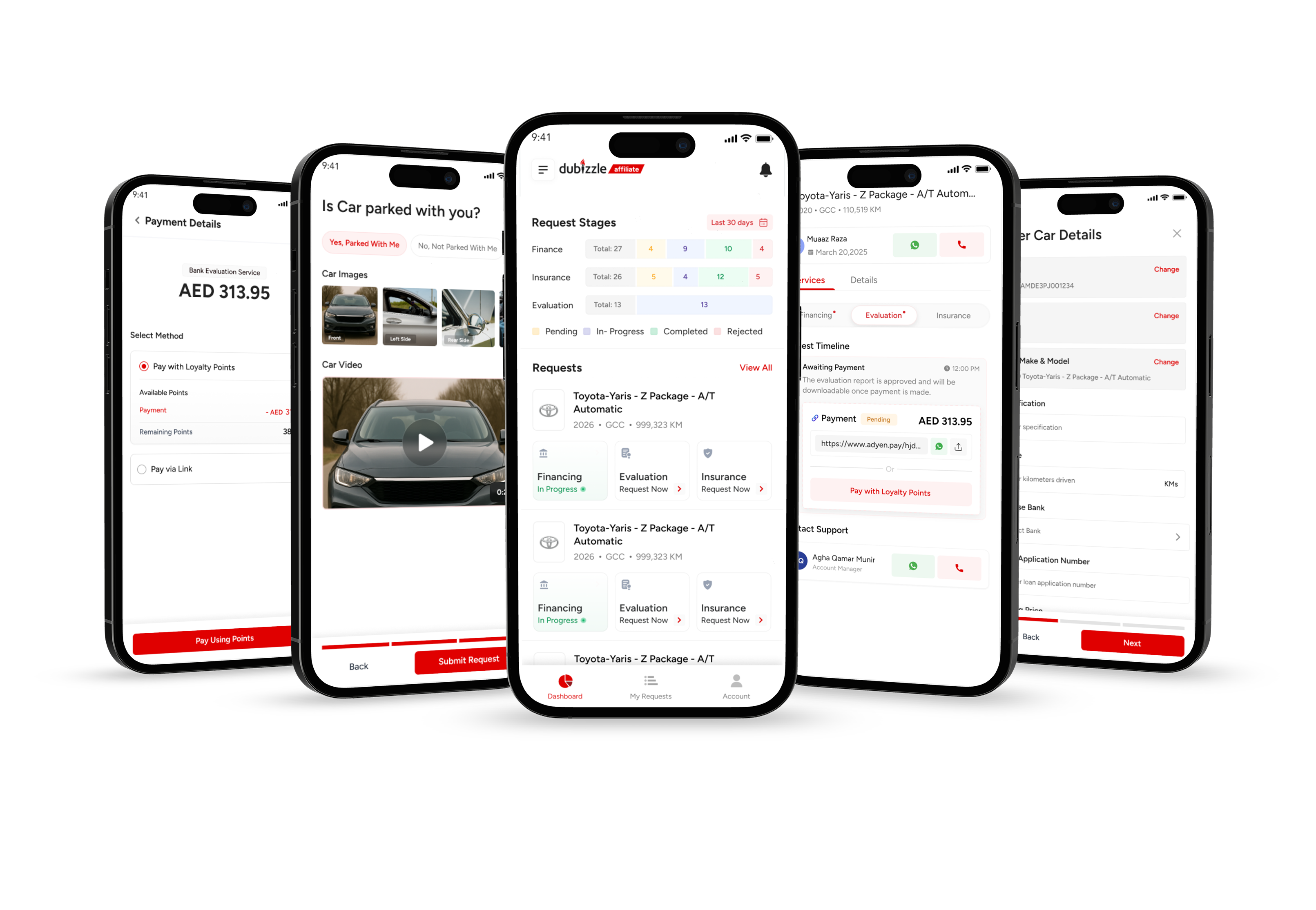 CarForce app screens showing payment details, car information, request stages, and booking management