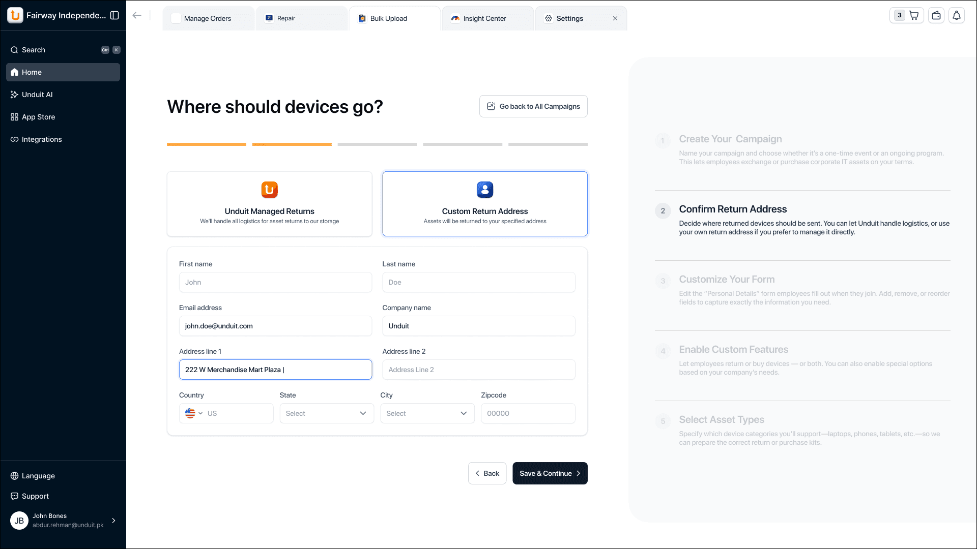 Return address configuration screen